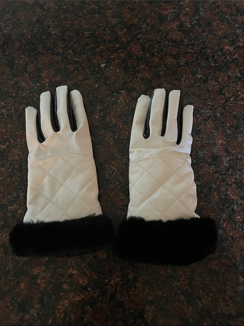 UGG White Quilted Gloves with Black Faux Fur Cuffs